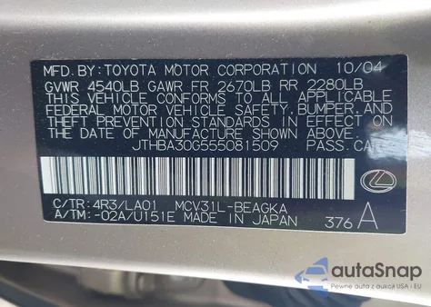 2005 Lexus Es 330 из США, поврежденный, VIN JTHBA30G555081509